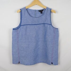J. Crew Linen Blend Pom Pom Chambray Sleeveless Top, Blue Size 12